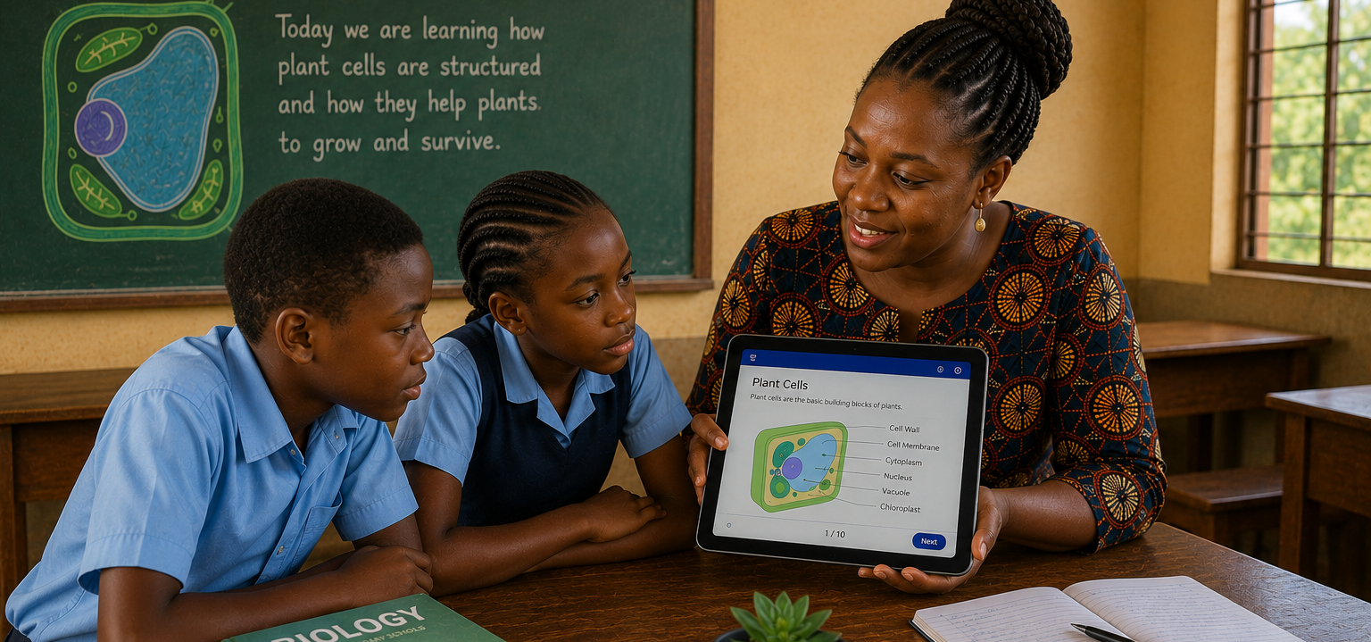 Digital learning scene showing a teacher and two learners using a tablet.