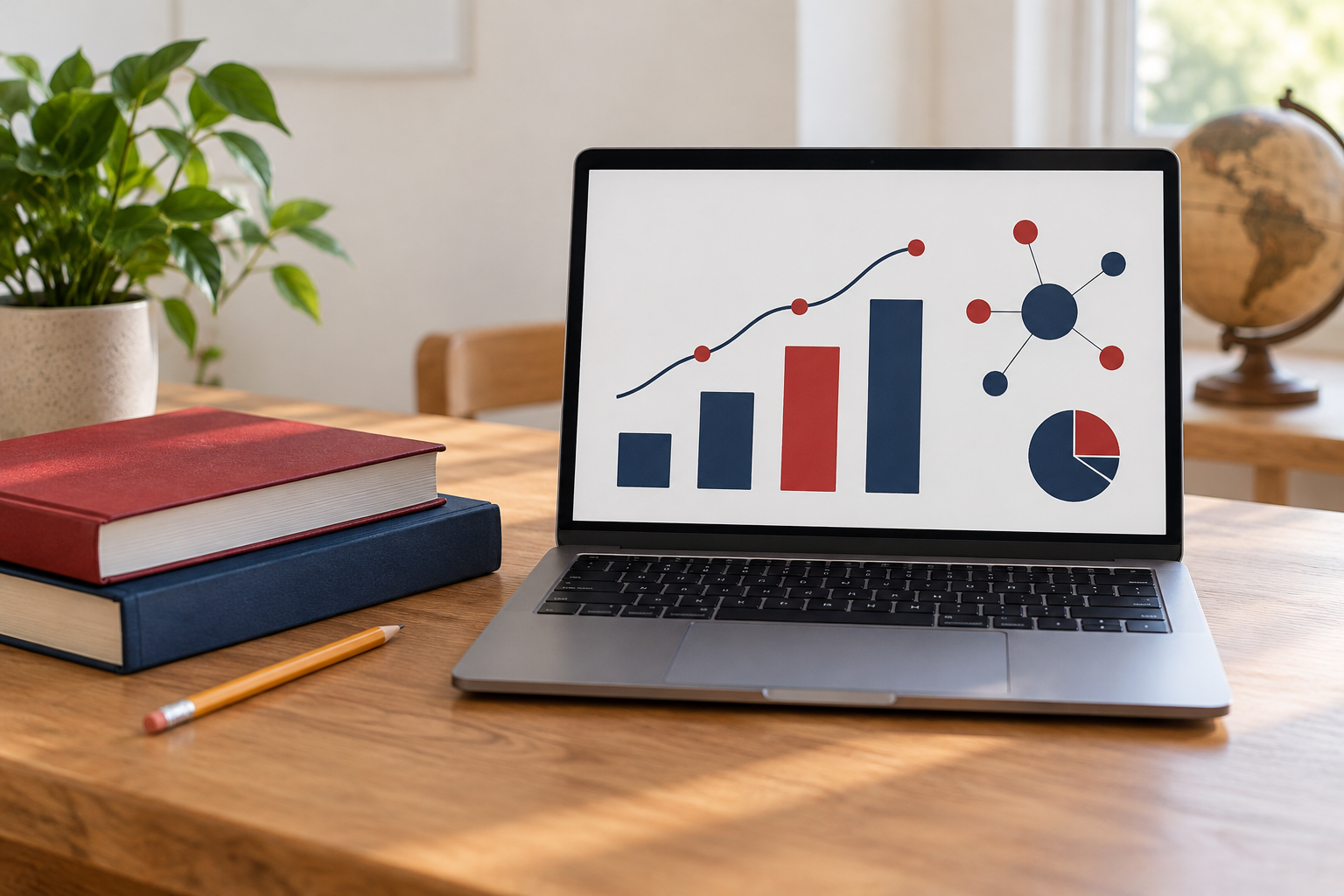 Conceptual illustration of educational books and a laptop with abstract data visualisations.
